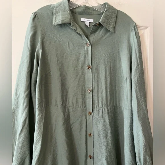New! Nine West Button-Front Sage Green Long Shirt Dress Women’s Size Large - Picture 11 of 16